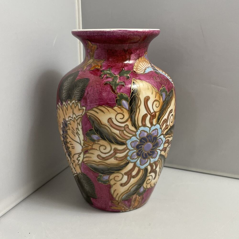 Vintage China Hand Painted Vase Flowers And Butterflies With Gold‎ Accents